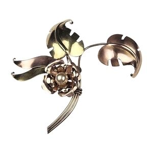 Vintage Flower Spray Brooch Rose Yellow Gold Filled Faux Pearl Harry Iskin 3.5"